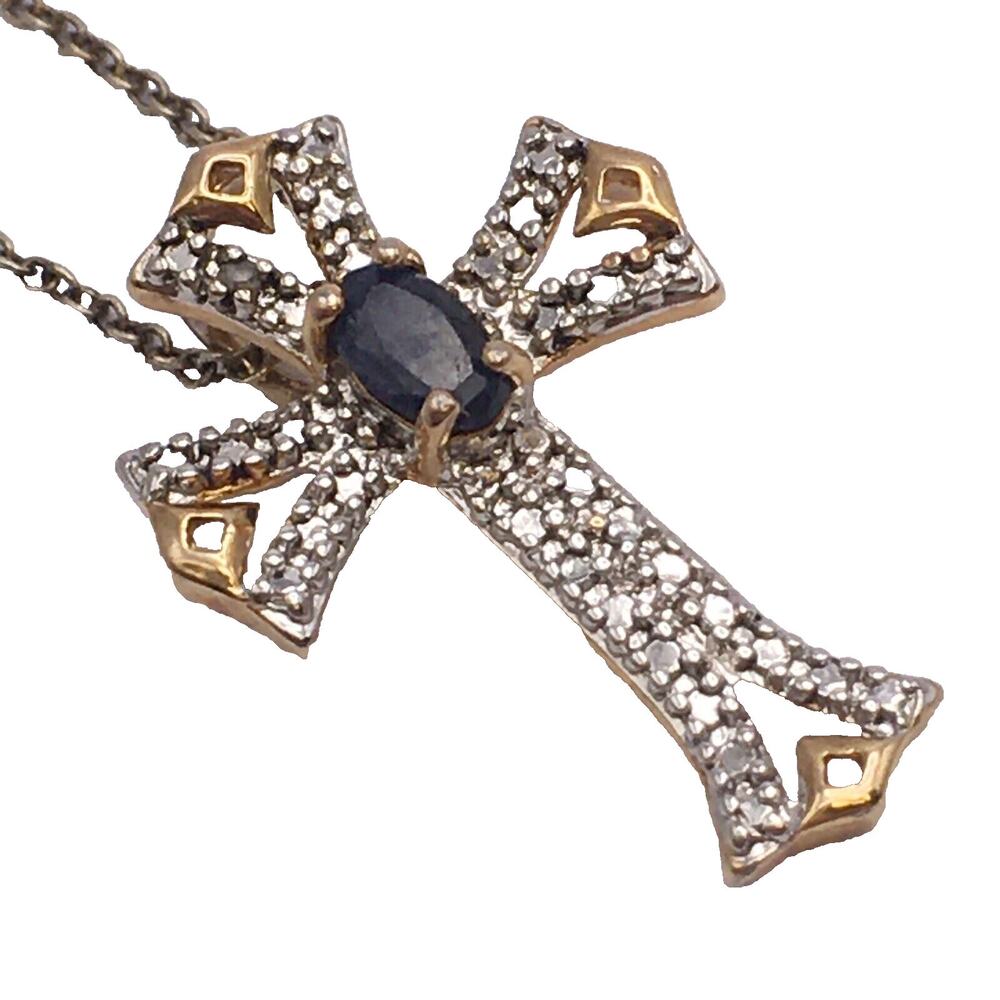 925 Silverplate CZ Simulated Sapphire Cross Necklace Goldtone Accent Ross Simons